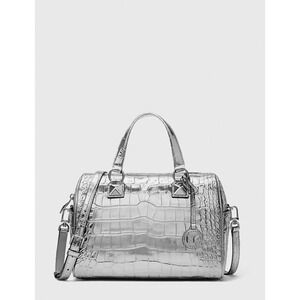 Michael Kors Grayson Metallic Silver Croc-Embossed Satchel Bag with MK Charm